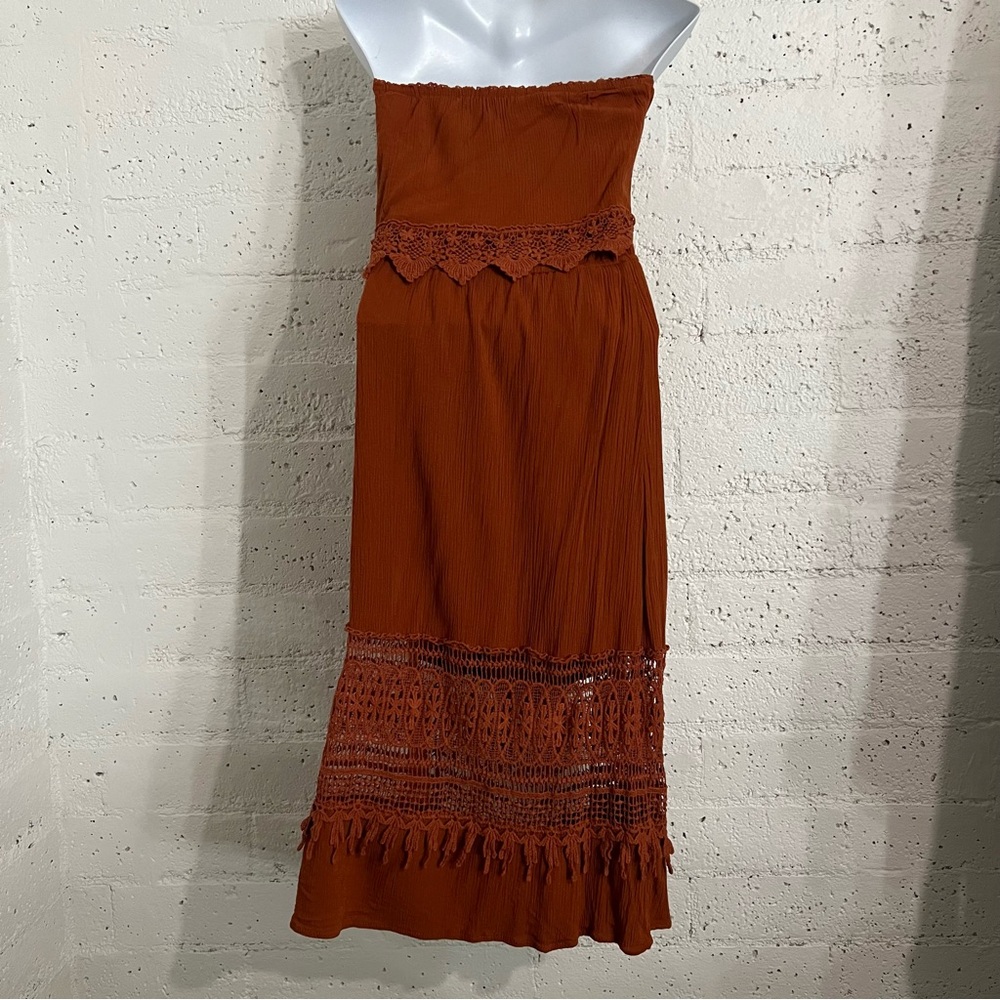 Rue+ Womens Plus Dress 1X Burnt Orange Rayon Midi Strapless Crochet Boho M15 - Picture 5 of 6